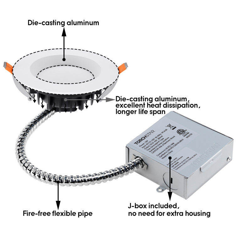 12W Kalo RD Series - LED Recessed Can Light with Junction Box | 4 Inch, Slim Square Design, Color Selectable 27K/30K/35K/40K/50K